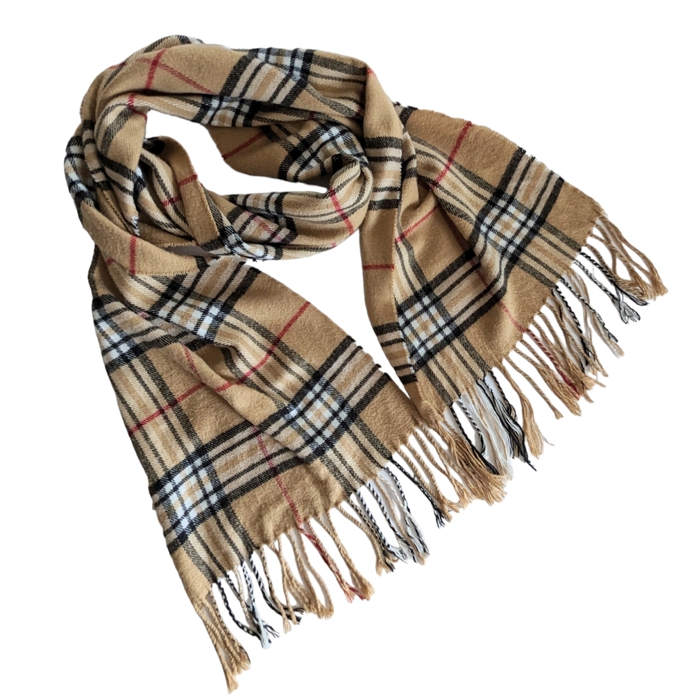 Tan Plaid Scarf with Fringe